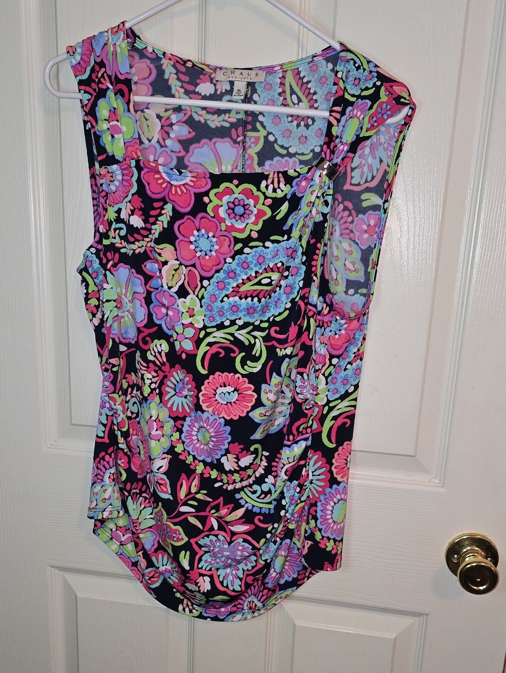 Chaus Black Floral Print Sleeveless Tank with Pink, Blue & Green Accents